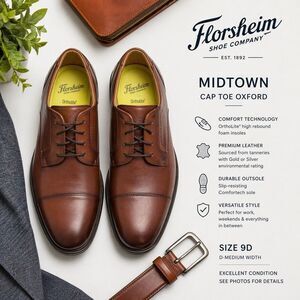 Florsheim Midtown Cap Toe Oxford Men’s Dress Shoes Size 9D Brown Leather Comfort